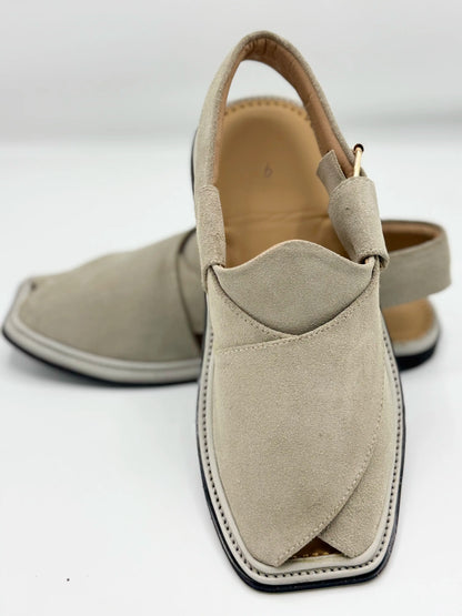 Suede Cream Handmade Peshawari Chappal – Handcrafted Pure Leather Suede