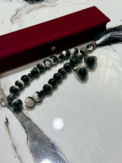 Black Aqeeq 18 mm Black and white Tasbih With Men's Ring