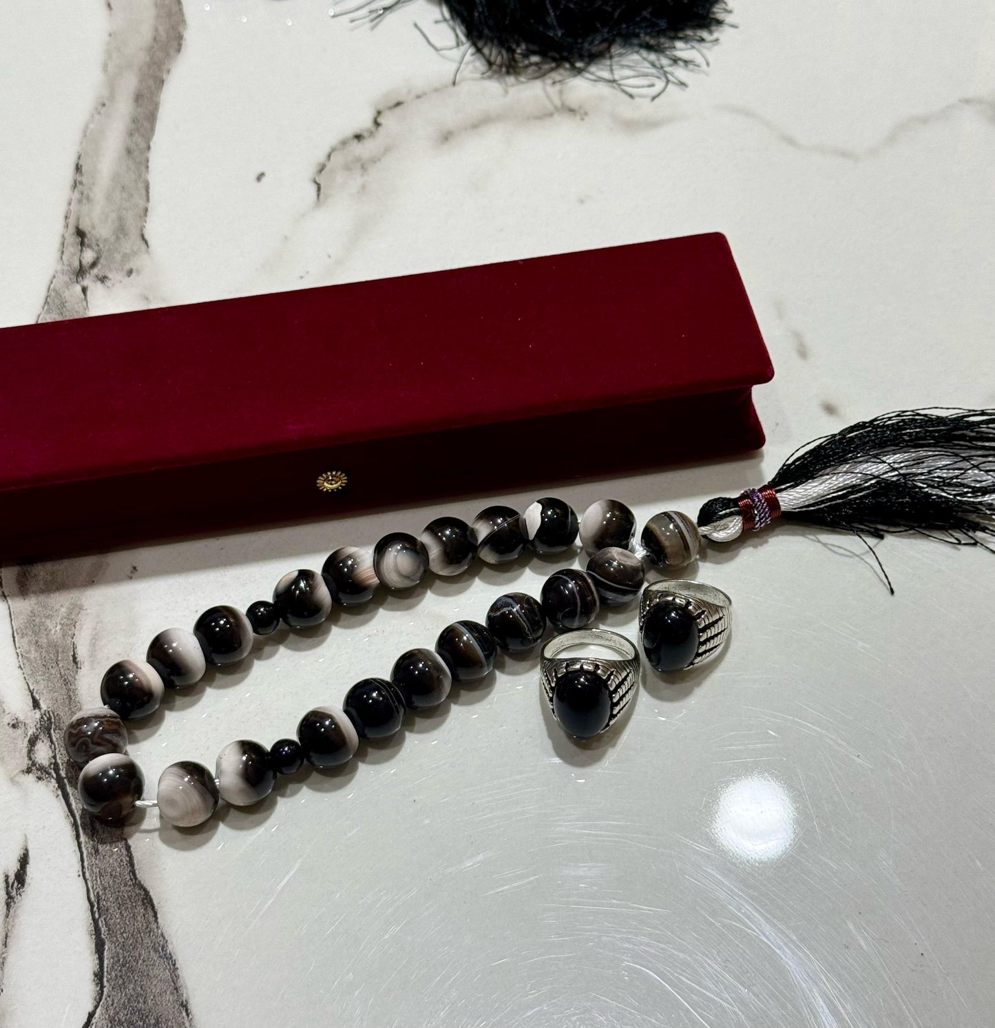 Black Aqeeq 18 mm Black and white Tasbih With Men's Ring