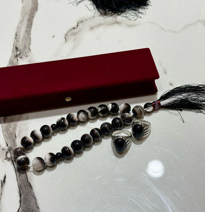 Black Aqeeq 18 mm Black and white Tasbih With Men's Ring