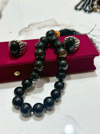 Black Aqeeq 18 mm Tasbih With Men's Ring