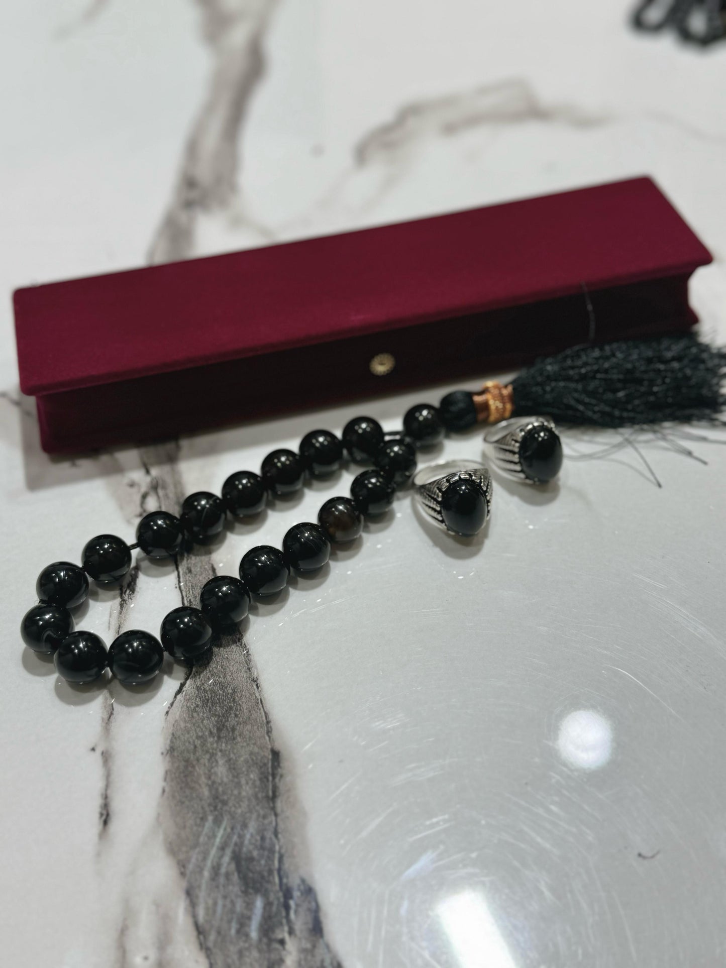 Black Aqeeq 18 mm Tasbih With Men's Ring