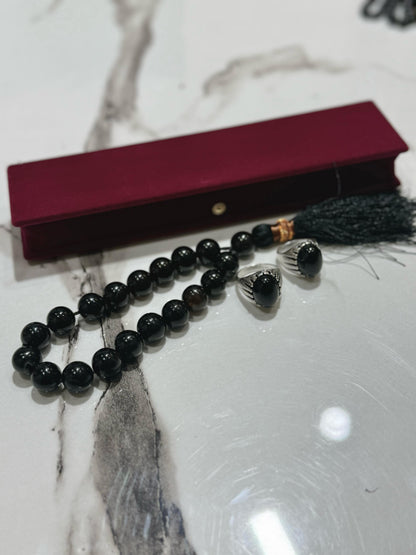 Black Aqeeq 18 mm Tasbih With Men's Ring