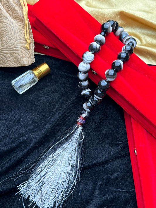 Black and white Aqeeq Tasbih with Oud Attar gift